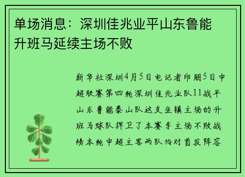 单场消息：深圳佳兆业平山东鲁能　升班马延续主场不败